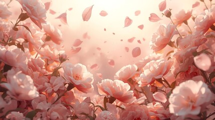 Dreamy Pink Peony Garden with Falling Petals and Soft Sunlight.