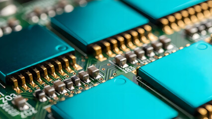 Close up view of circuit board with microchips capacitors and resistors in intricate layout symbolizing advanced electronics computing power and intricate details of modern technology