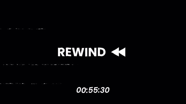VHS "Rewind" large text interface screen overlay with timecode, retro analog video player OSD mode.
