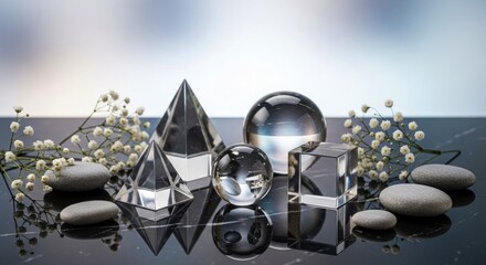 Transparent geometric solids and natural elements arranged on a reflective dark surface
