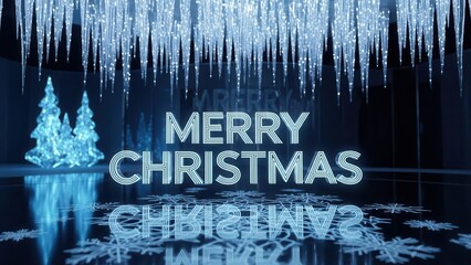 Festive Icy Blue 'Merry Christmas' 3D Illustration with Glittering Icicles and Snowflakes