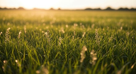 Lush green meadow grass glows with warm sunlight near the horizon