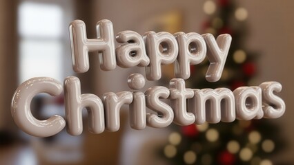 3D Render 'Happy Christmas' Text with Blurred Christmas Tree and Festive Bokeh Lights