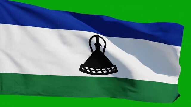 Lesotho flag waving on green screen background, a symbol of national identity and pride