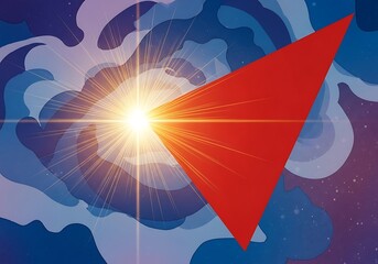Abstract luminous burst with cloud and red triangular overlay graphic