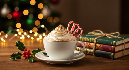 Fototapeta premium Warm beverage topped with whipped cream and festive sweets rests beside stacked holiday reading material against a backdrop of soft lights