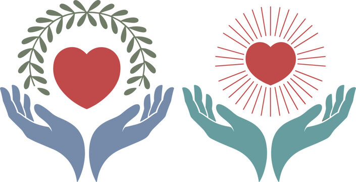 Two Hands Holding Red Heart Symbols With Different Decorative Elements vector illustration