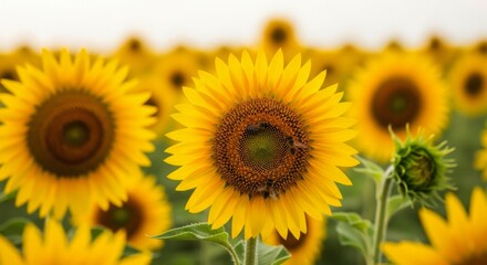 Fototapeta premium Bright yellow sunflowers bloom across an expansive field under a bright sky