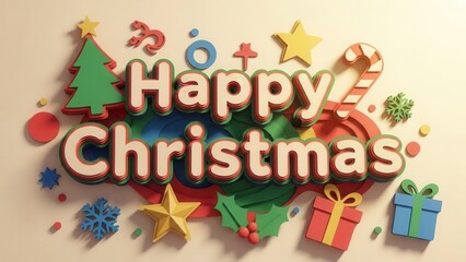 "Happy Christmas" Festive 3D Illustration with Colorful Holiday Symbols and Gift Boxes