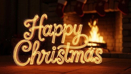 Glowing Retro Neon 'Happy Christmas' Text in Front of Cozy Fireplace with Stockings
