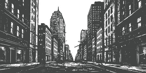 Graphic city street view with tall buildings and urban perspective isolated on white background © GraphixEra