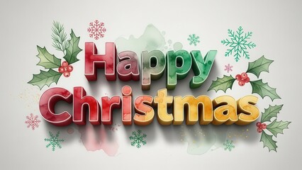 Colorful 3D 'Happy Christmas' Text with Watercolor Holly and Snowflakes on White Background