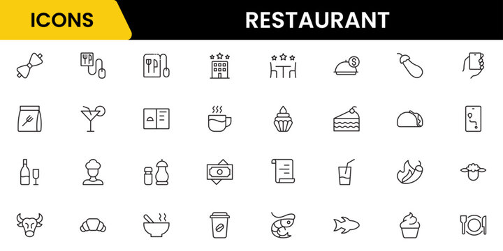 Restaurant line icons set. Restaurant, menu, cooking, drink, chef, table, cafeteria, wine, dish, and eating. Vector illustration
