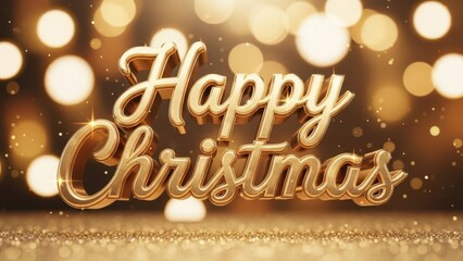 Golden Happy Christmas 3D Text with Bokeh Lights and Sparkling Background