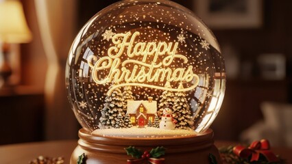 Festive Christmas Snow Globe with 'Happy Christmas' Text, Miniature Village, and Falling Snowflakes