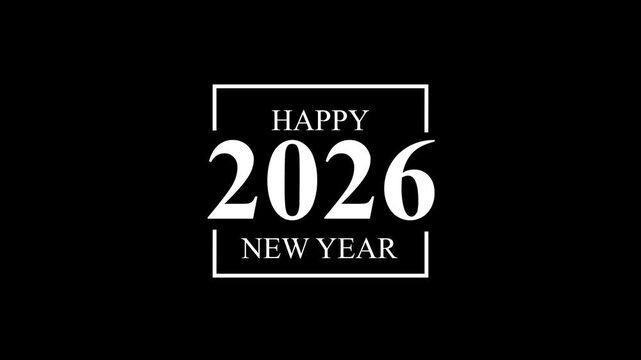 White 2026 Happy New Year text inside a white square frame on black background celebration holiday