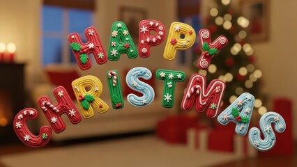 Decorated Gingerbread Cookies Spelling 'HAPPY CHRISTMAS' in Festive Home Background