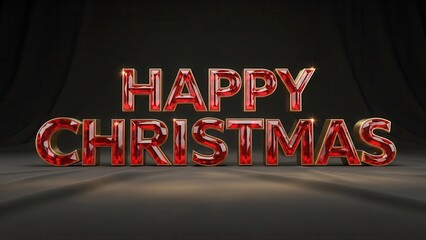 Shiny Red Metallic 'Happy Christmas' 3D Text on Dark Background with Shadows