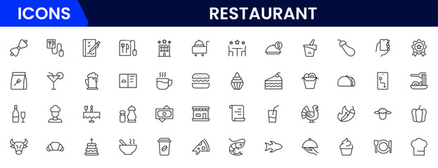 Restaurant line icons set. Restaurant, menu, cooking, drink, chef, table, cafeteria, wine, dish, and eating. Vector illustration