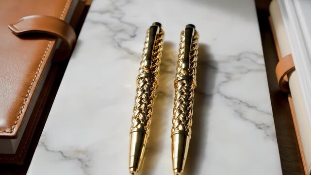 Two ornate goldtone pens resting on a white marble surface