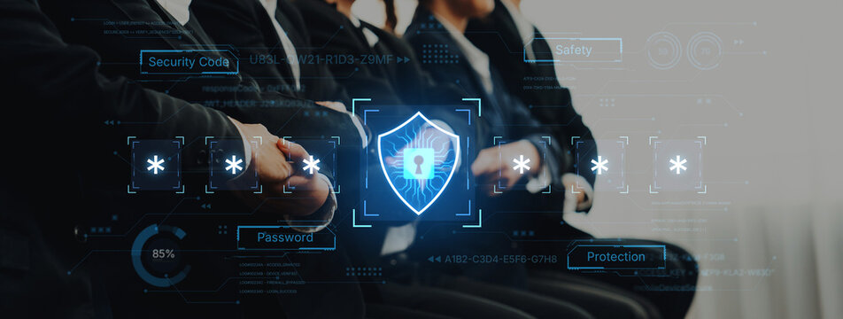 A concept of an advanced cybersecurity system. The futuristic interface shows a multi-factor authentication process using a secure password or PIN for enhanced data protection. Fermion - Powered by Adobe