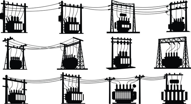 Title: Silhouette collection of industrial electrical distribution substations and power transformers representing high-voltage energy transmission, infrastructure, and the global power grid system