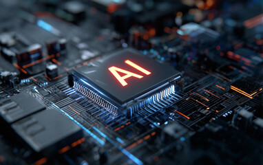 Close-up of an ai chip with the letters AI glowing on it, surrounded by other tech components and circuitry in dark tones.