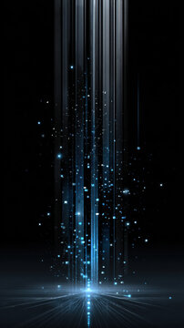 Glowing vertical light beams particle cascade digital data stream blue light dark background vertical composition