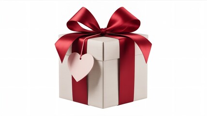 Obraz premium Elegantly wrapped gift box with bright red ribbon and pink heart tag, perfect for romantic celebrations.
