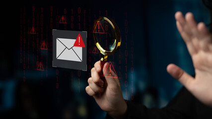 Phishing email alert concept showing digital envelope with warning sign represents data theft, network breach, and email security threats. Parse