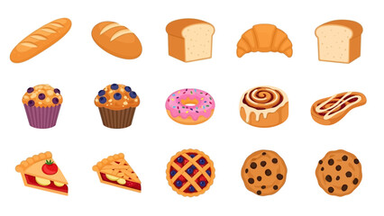A delightful assortment of freshly baked goods, including bread, pastries, muffins, donuts, pies, and cookies, perfect for any occasion