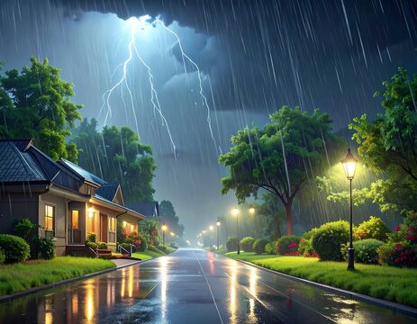 Street scene during a dramatic rainstorm, lightning flashes overhead