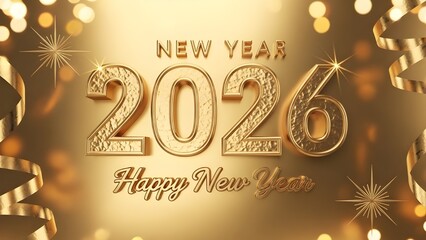 Golden 2026 New Year greeting with festive ribbons.