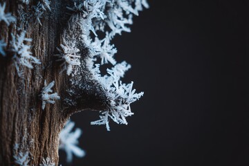 Macro of snowflake like hoarfrost on dark tree trunk