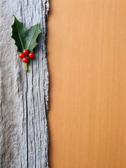 Festive Holly Leaves and Berries: Vibrant Christmas Decoration with Rustic Wood Texture Background