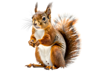 Fluffy squirrel poses holding a nut against a white background