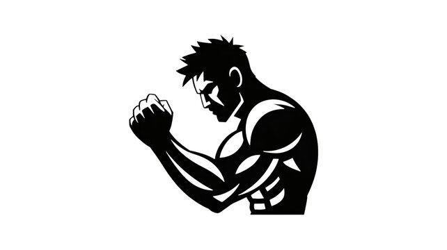 Muscular man flexing bicep in black silhouette against white background showing strength and power