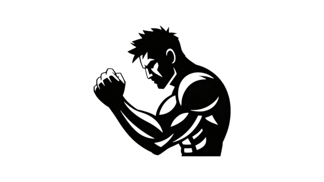 Muscular man flexing bicep in black silhouette against white background showing strength and power - Powered by Adobe