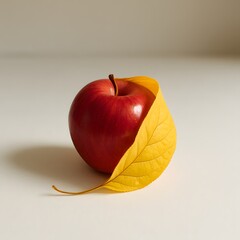 Seasonal Harmony &ndash; Fresh Red Apple with a yellow leaf in Autumn Mood