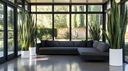 Modern luxury living room with beautiful sofa and couch with unique glass window and flower pot 