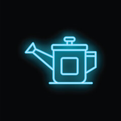 Blue neon sign of a watering can glowing on a black background