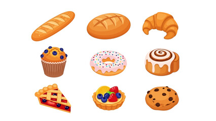 Assortment of freshly baked goods including bread, pastries, cake, donuts, and cookies for a delightful bakery treat