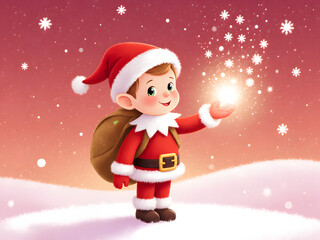 Magical Christmas Elf Illustration with Snowy Landscape - Holiday Wonder and Joyful Celebration