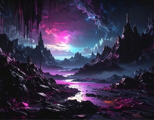 Surreal landscape with violet mountains, river, and a vibrant nebula