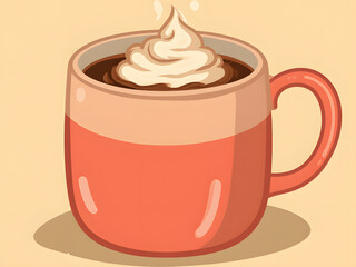 Cheerful Cartoon Coffee Mug: Cute Illustration of a Sweet and Cozy Caffeine Beverage with Whipped Cream