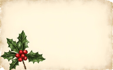 Vintage Christmas Holly Berries Leaves Background with Blank Paper for Festive Winter Card Design