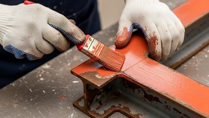 Refreshing industrial steel with vibrant orange paint using a paintbrush