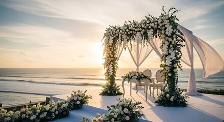 Serene oceanside wedding venue under a flower-adorned canopy at sunset