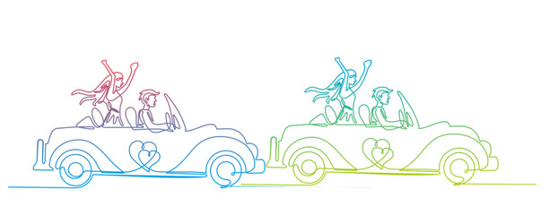 Gradient color line drawing, happy man and woman riding in a wedding car.vector illustration