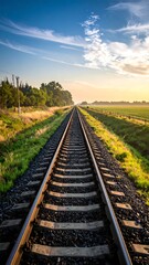 Fototapeta premium View of railroad tracks leading to the horizon with a sunset